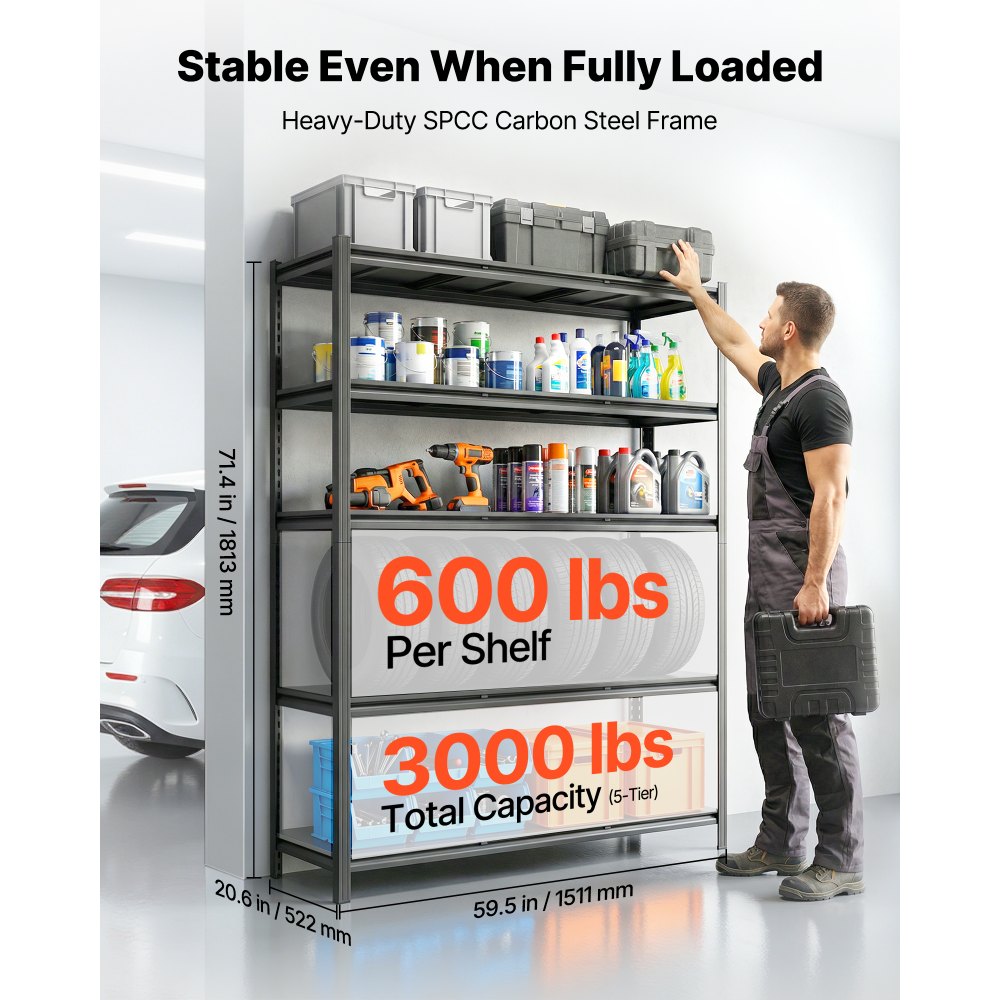 VEVOR Storage Shelves, 5-Tier Adjustable, 3000 lbs Capacity, Heavy Duty Garage Storage Shelving Unit, Metal Utility Rack Shelf, for Garage Workshop Warehouse Basement, 59.49" W x 20.55" D x 71.38" H
