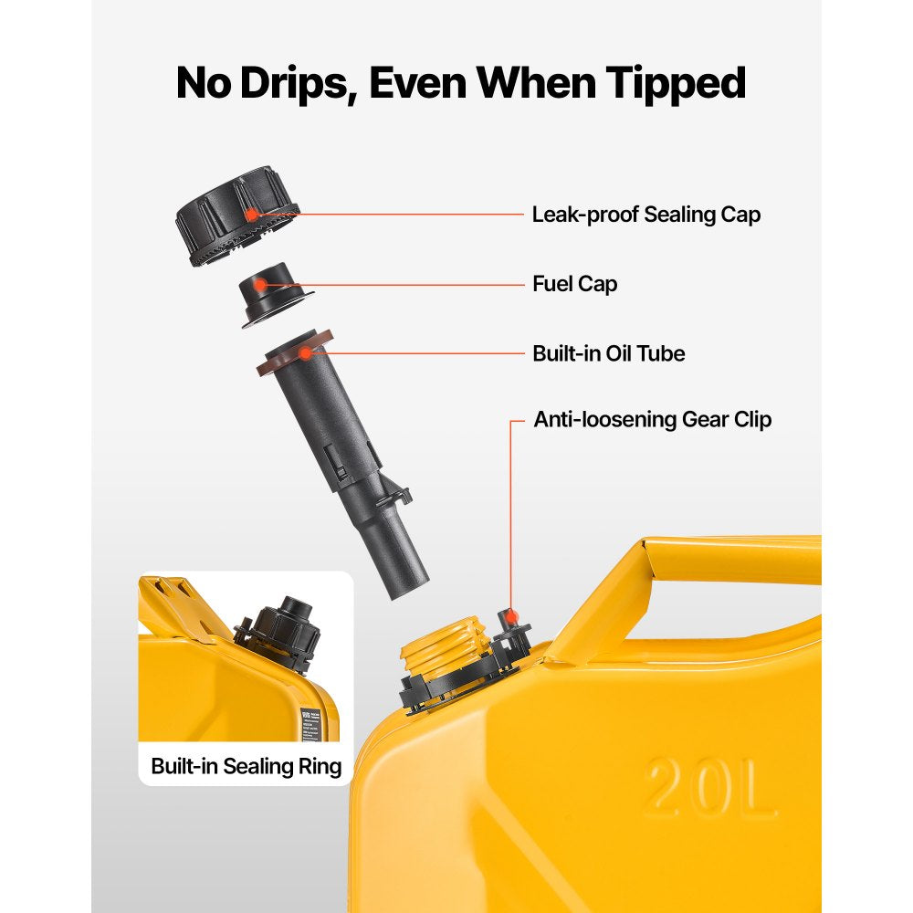 Newly Upgraded Oil-Tight VEVOR Metal Fuel Container, 5.3 Gallon, Fuel Jerry Can with Spout and Comfort Handle, 6 L/min Max Flow Rate, Leakproof & Corrosion-resistant Metal Gas Tank Most Cars Motorcycle ATV UTV, Yellow