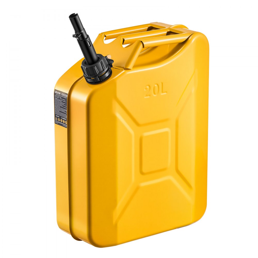 Newly Upgraded Oil-Tight VEVOR Metal Fuel Container, 5.3 Gallon, Fuel Jerry Can with Spout and Comfort Handle, 6 L/min Max Flow Rate, Leakproof & Corrosion-resistant Metal Gas Tank Most Cars Motorcycle ATV UTV, Yellow