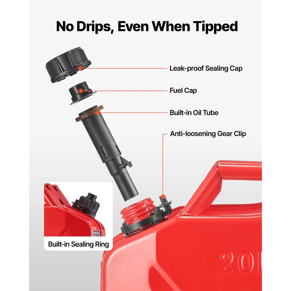 Newly Upgraded Oil-Tight！VEVOR Metal Fuel Container, 5.3 Gallon, Fuel Jerry Can with Spout and Comfort Handle, 6 L/min Max Flow Rate, Leakproof & Corrosion-resistant Metal Gas Tank Most Cars Motorcycle ATV UTV, Red, 2 Packs