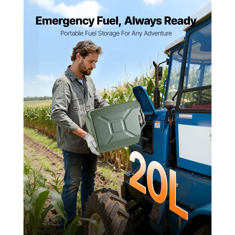 Newly Upgraded Oil-Tight！VEVOR Metal Fuel Container, 5.3 Gallon, Fuel Jerry Can with Spout and Comfort Handle, 6 L/min Max Flow Rate, Leakproof & Corrosion-resistant Metal Gas Tank Most Cars Motorcycle ATV UTV, Green, 2 Packs