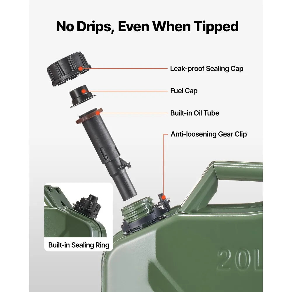 Newly Upgraded Oil-Tight！VEVOR Metal Fuel Container, 5.3 Gallon, Fuel Jerry Can with Spout and Comfort Handle, 6 L/min Max Flow Rate, Leakproof & Corrosion-resistant Metal Gas Tank Most Cars Motorcycle ATV UTV, Green, 2 Packs
