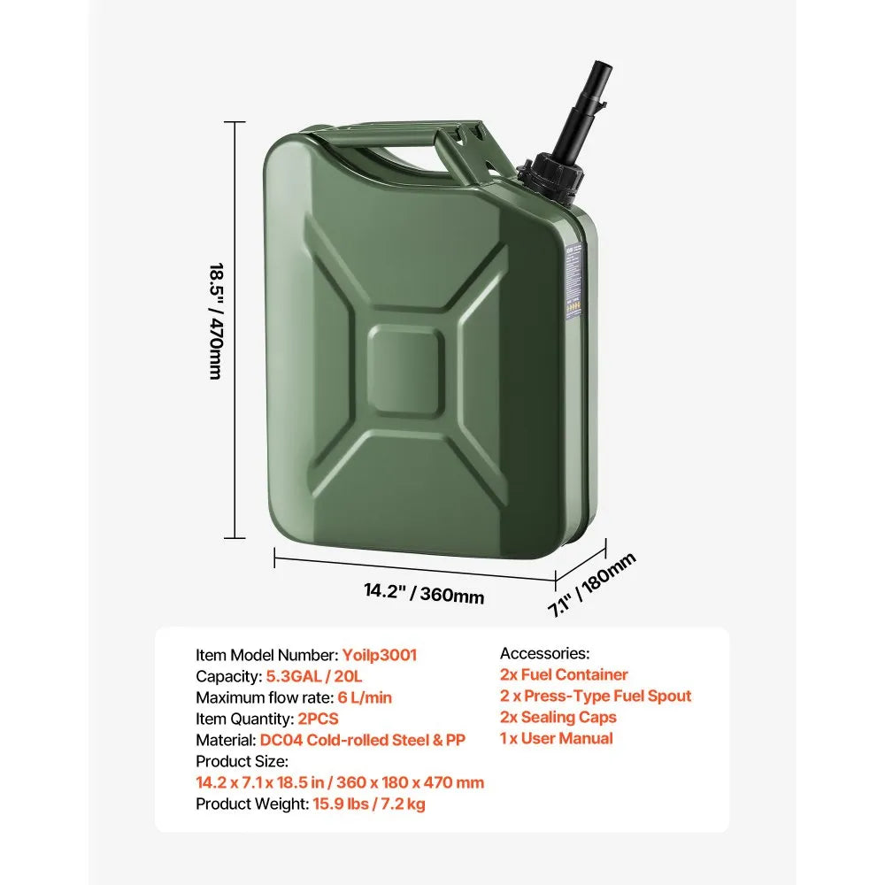 Newly Upgraded Oil-Tight！VEVOR Metal Fuel Container, 5.3 Gallon, Fuel Jerry Can with Spout and Comfort Handle, 6 L/min Max Flow Rate, Leakproof & Corrosion-resistant Metal Gas Tank Most Cars Motorcycle ATV UTV, Green, 2 Packs