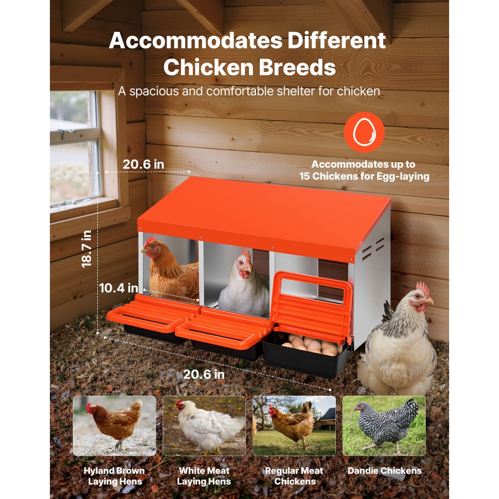 VEVOR Chicken Nest Box, 3-Compartment, 15 to 30 in Stable & Corrosion-Resistant Metal Nesting Boxes with Inclined Nesting Boxes, Bottom Holes & Resting Platform, Fit for Different Chicken Breeds