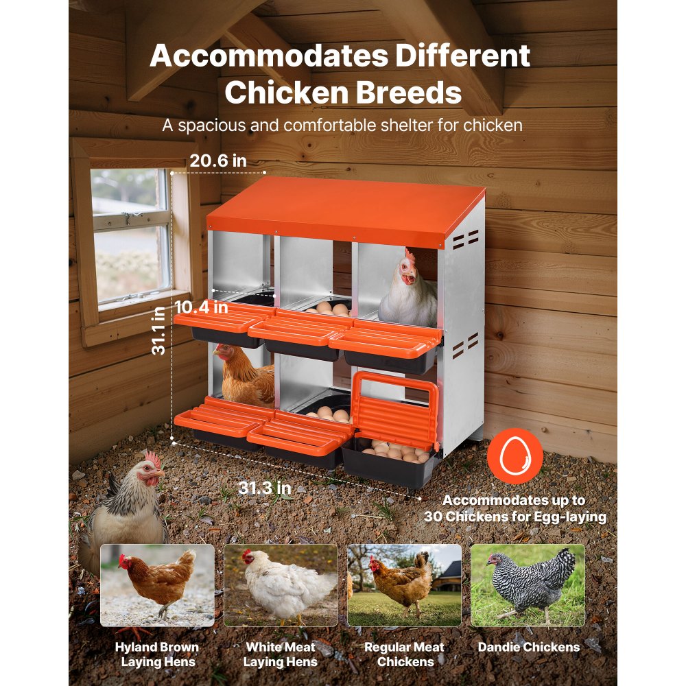VEVOR Chicken Nest Box, 6-Compartment, 30 to 45 in Stable & Corrosion-Resistant Metal Nesting Boxes with Inclined Nesting Boxes, Bottom Holes & Resting Platform, Fit for Different Chicken Breeds
