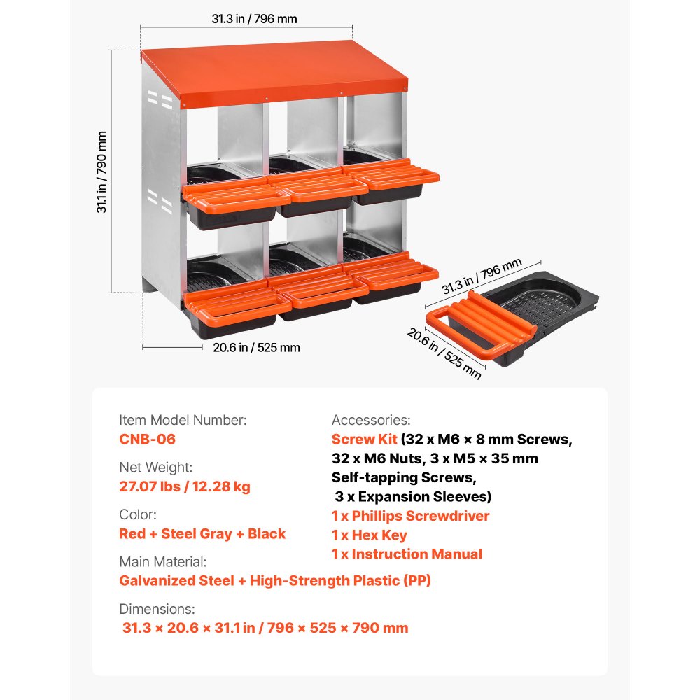 VEVOR Chicken Nest Box, 6-Compartment, 30 to 45 in Stable & Corrosion-Resistant Metal Nesting Boxes with Inclined Nesting Boxes, Bottom Holes & Resting Platform, Fit for Different Chicken Breeds
