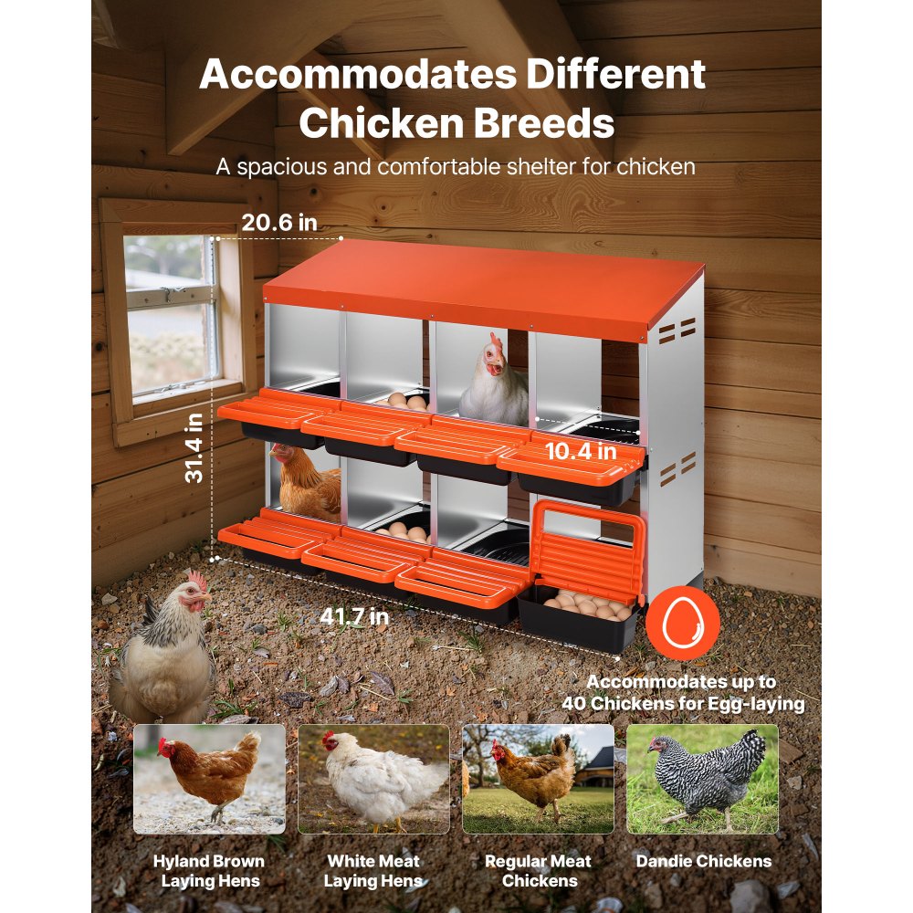 VEVOR Chicken Nest Box, 8-Compartment, 30 to 45 in Stable & Corrosion-Resistant Metal Nesting Boxes with Inclined Nesting Boxes, Bottom Holes & Resting Platform, Fit for Different Chicken Breeds