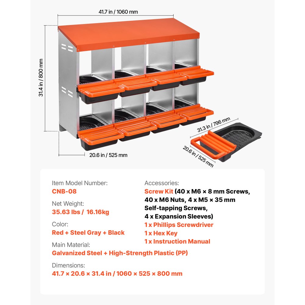 VEVOR Chicken Nest Box, 8-Compartment, 30 to 45 in Stable & Corrosion-Resistant Metal Nesting Boxes with Inclined Nesting Boxes, Bottom Holes & Resting Platform, Fit for Different Chicken Breeds