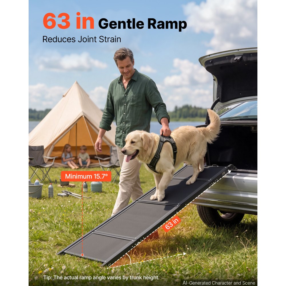 VEVOR Dog Ramp for Car 63" L x 17" W Foldable Pet Ramp Sandpaper Surface, for SUV Car Truck Outdoor, 250 lbs Capacity, Extra Long and Wide Gentler Climb, Non-Slip Portable for Medium & Large Dogs