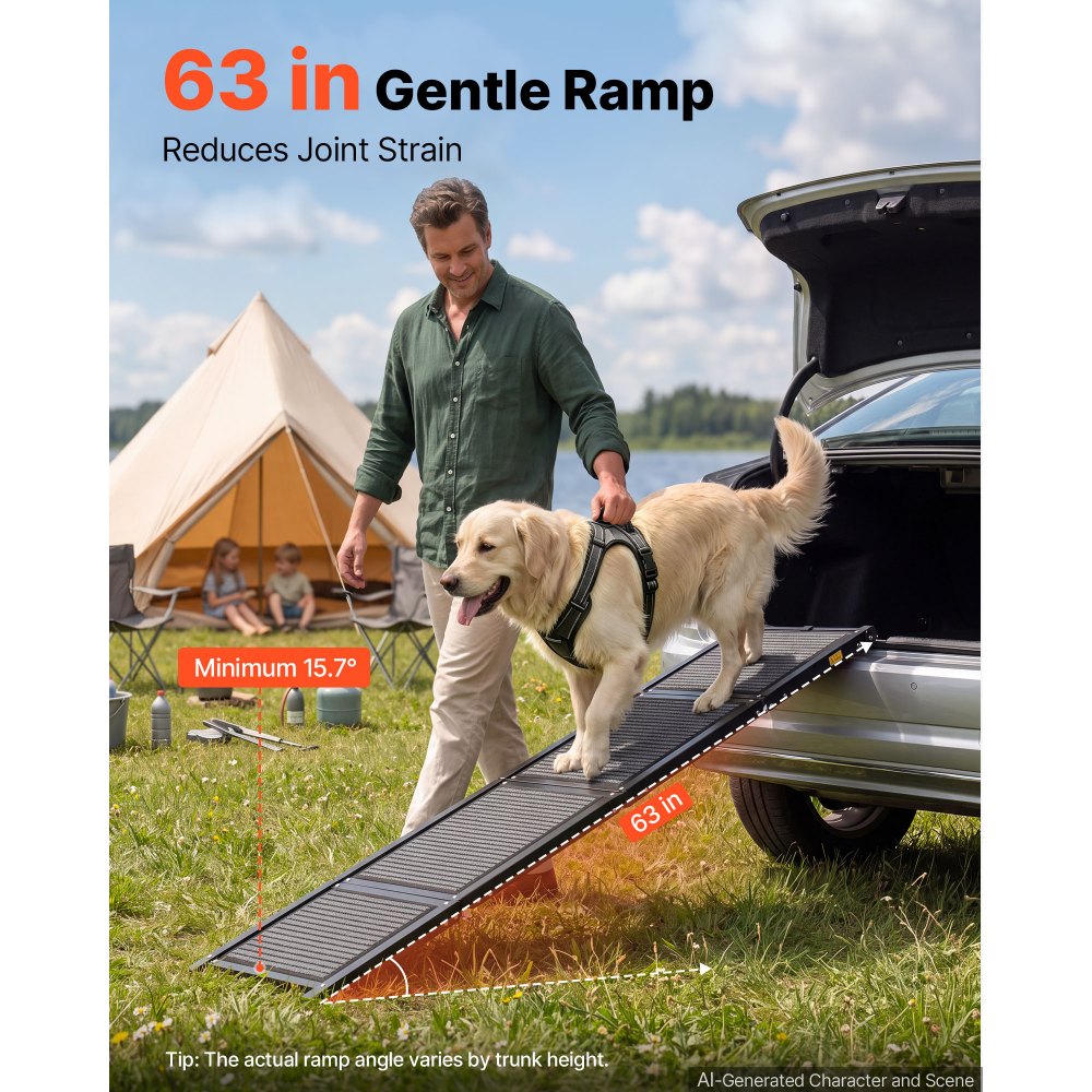VEVOR Dog Ramp for Car 63" L x 17" W Foldable Pet Ramp with Felt Surface, for SUV Car Truck Outdoor, 250 lbs Capacity, Extra Long and Wide Gentler Climb, Non-Slip Portable for Medium & Large Dogs