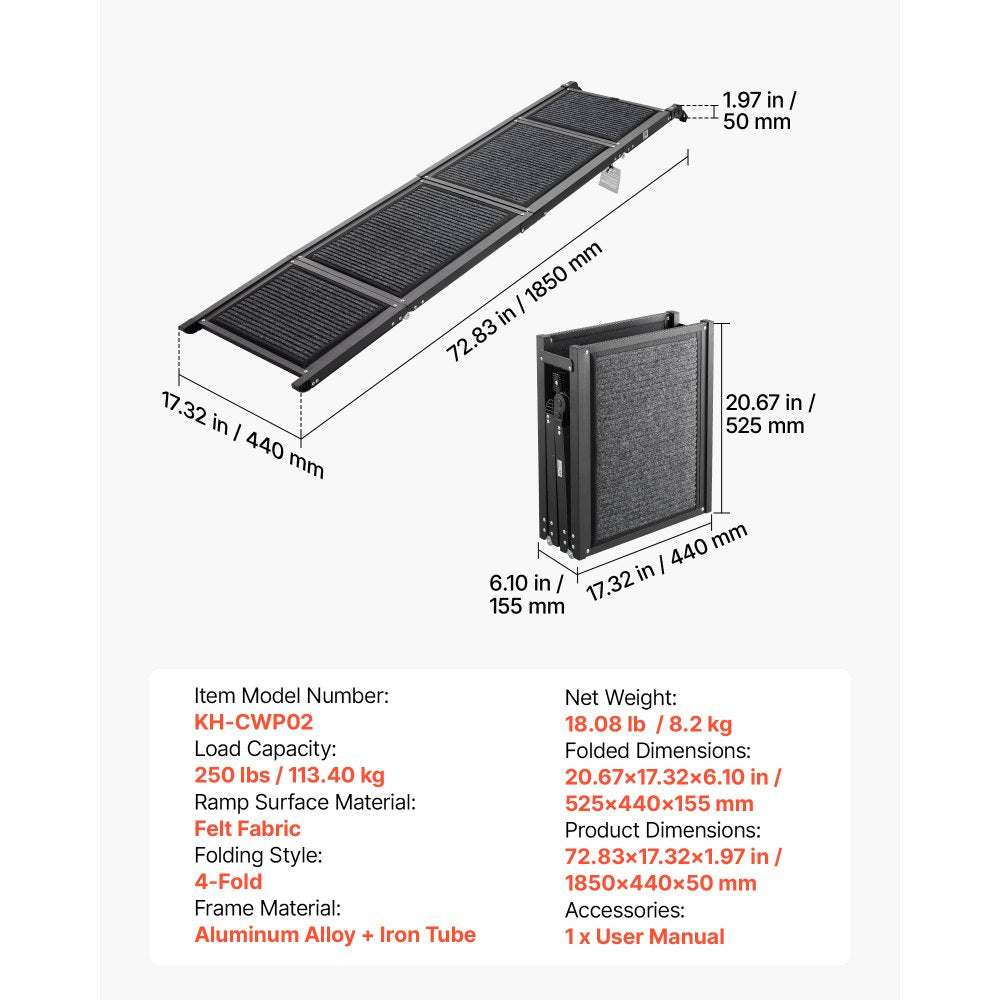 VEVOR Dog Ramp for Car 71" L x 17" W Foldable Pet Ramp with Felt Surface, for SUV Car Truck Outdoor, 250 lbs Capacity, Extra Long and Wide Gentler Climb, Non-Slip Portable for Medium & Large Dogs