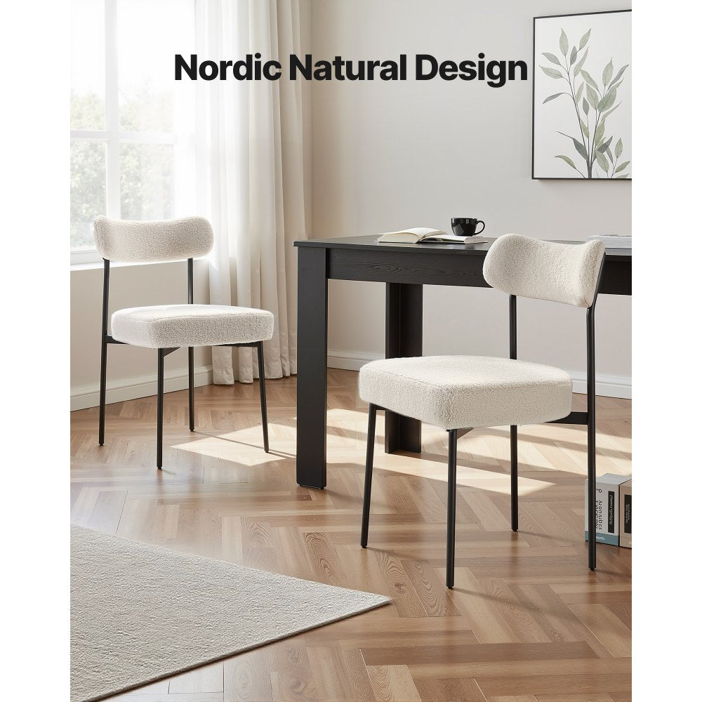 VEVOR Boucle Dining Chairs Set of 4, Mid Century Modern Sherpa Accent Chairs, Upholstered Side Chair for Dining Table, Space-Saving White Kitchen Table Chair with Curved Backrest and Black Metal Legs