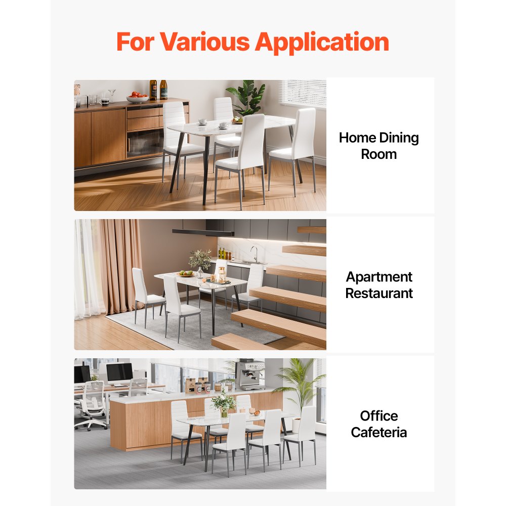 VEVOR Modern Dining Room Accent Chairs Set of 6, Upholstered Leather Side Chair for Dining Tables, Space-Saving Kitchen Table Chair with Thick Cushions and Metal Legs, White