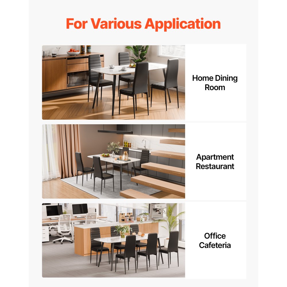 VEVOR Modern Dining Room Accent Chairs Set of 6, Upholstered Leather Side Chair for Dining Tables, Space-Saving Kitchen Table Chair with Thick Cushions and Metal Legs, Black