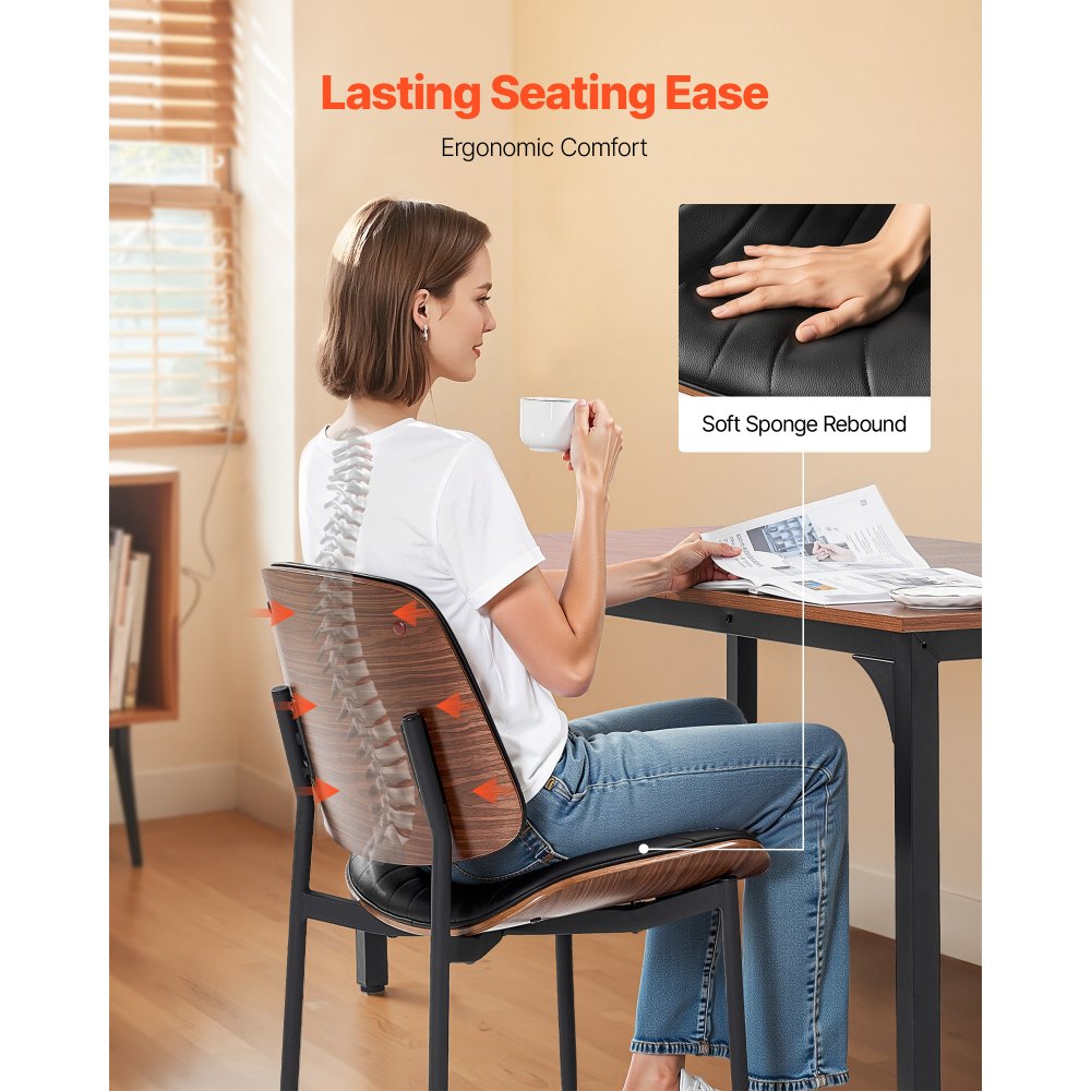 VEVOR Modern Dining Room Accent Chairs Set of 2, Upholstered Leather Side Chair for Dining Tables, Space-Saving Kitchen Table Chair with Thick Cushions and Metal Legs, Black