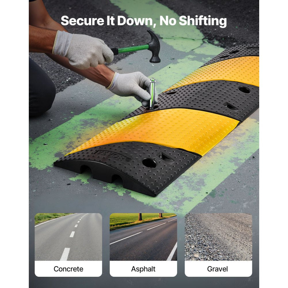 VEVOR 40 in Rubber Speed Bump, 2 Pack, 2 Channel Heavy Duty Traffic Speed Hump, 22000 lbs/Axle Load Capacity, Cable Protector Ramp with Expansion Screws, for Asphalt Concrete Gravel Driveway and Road