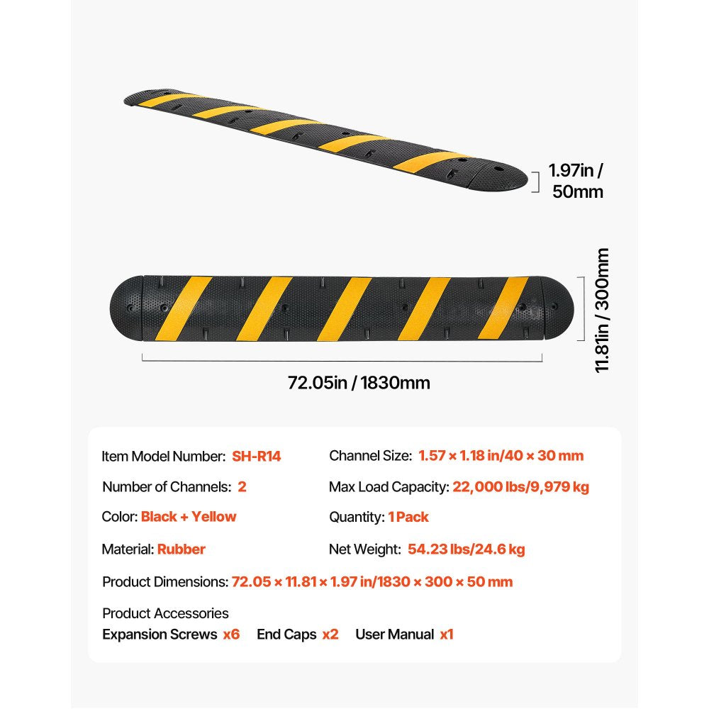 VEVOR 6FT Rubber Speed Bump, 2 Channel, Heavy Duty Traffic Speed Hump, 22000 lbs/axle Load Capacity, 72 in Cable Protector Ramp with Expansion Screws, for Asphalt Concrete Gravel Driveway Road, 1 Pack