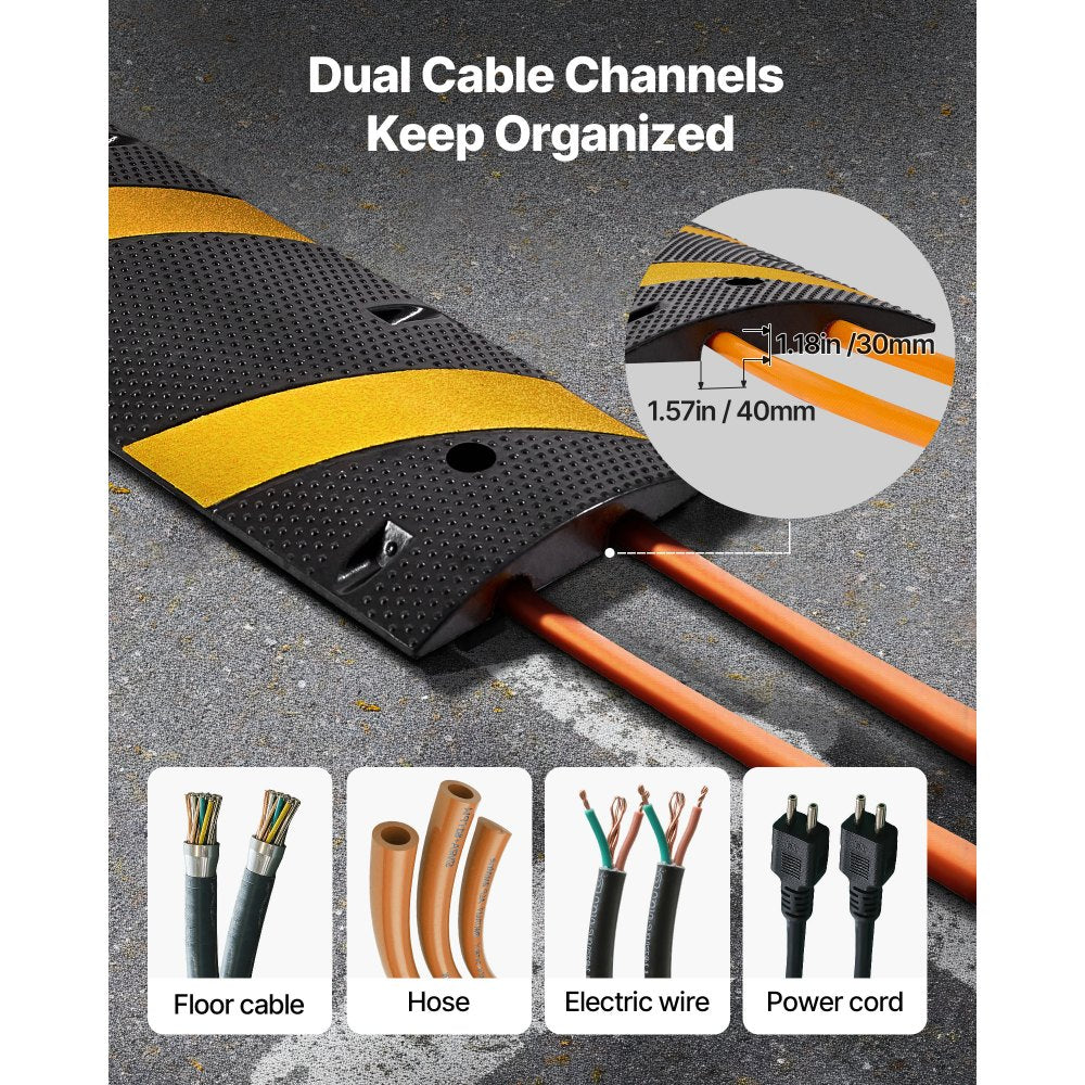 VEVOR 6FT Rubber Speed Bump, 2 Pack, 2 Channel Heavy Duty Traffic Speed Hump, 22000 lbs/Axle Load Capacity, 72 in Cable Protector Ramp with Expansion Screws, for Asphalt Concrete Gravel Driveway Road