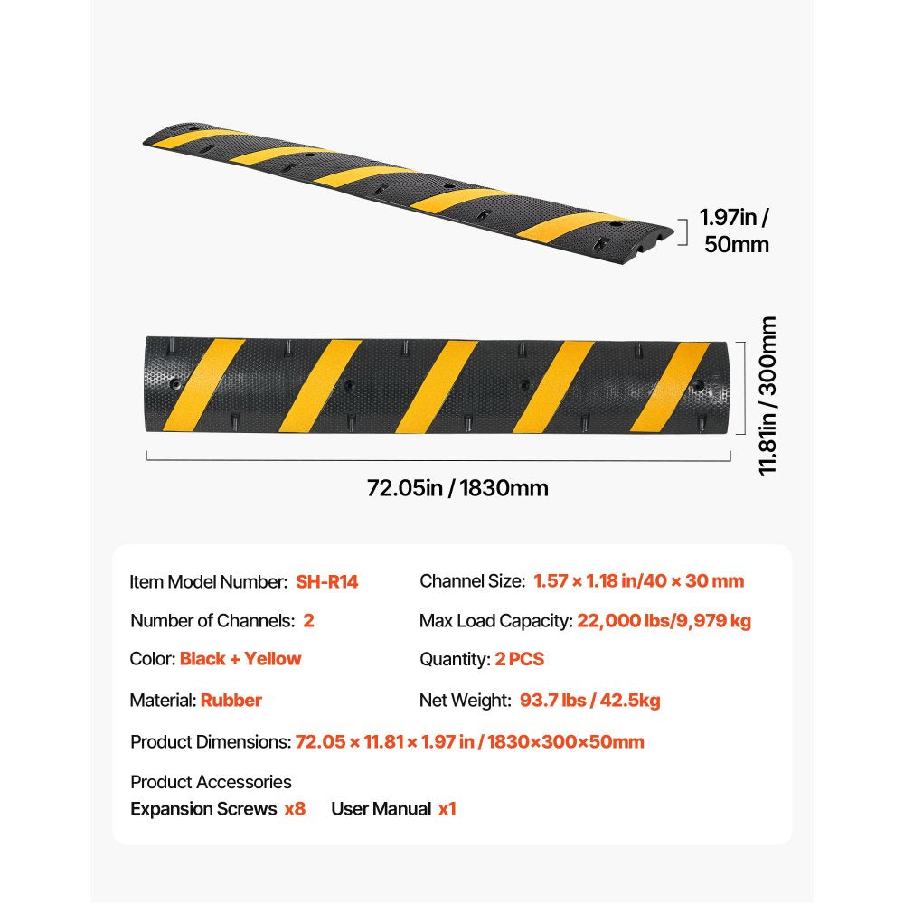 VEVOR 6FT Rubber Speed Bump, 2 Pack, 2 Channel Heavy Duty Traffic Speed Hump, 22000 lbs/Axle Load Capacity, 72 in Cable Protector Ramp with Expansion Screws, for Asphalt Concrete Gravel Driveway Road