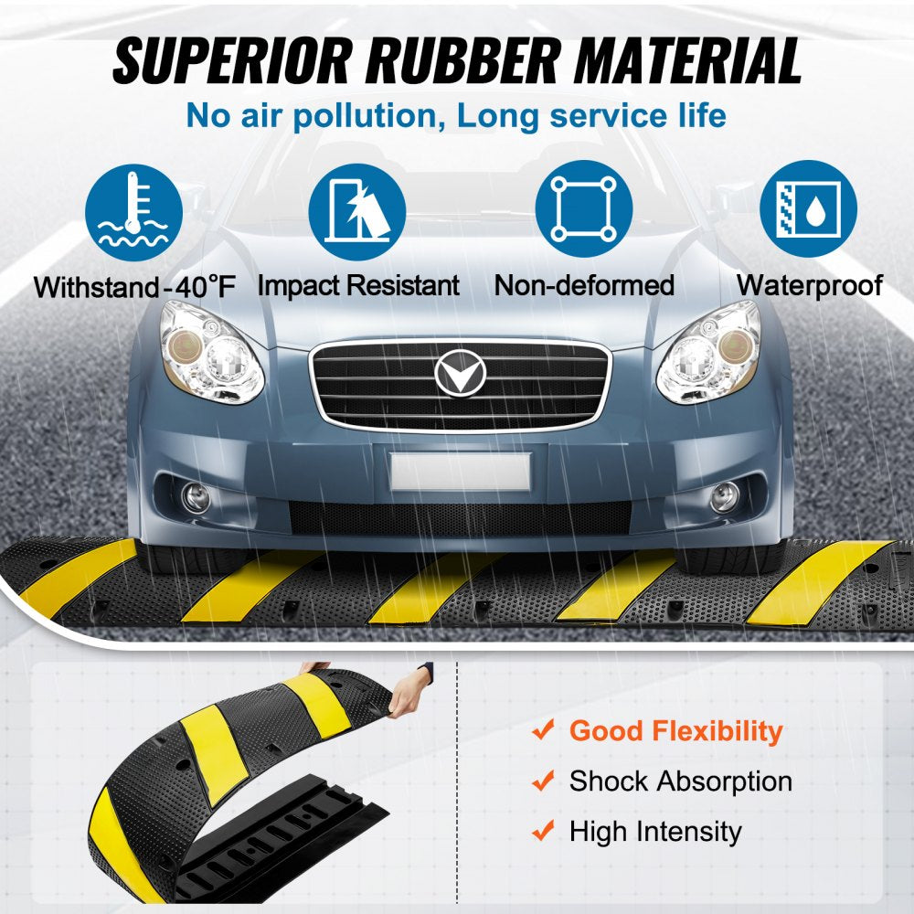 VEVOR 72'' Rubber Speed Bump, Dual Channel, Supports up to 22000 lbs, Durable Traffic Speed Hump with Bright Yellow Reflective Strip, Includes 4 Expansion Screws & Drill for Asphalt, Concrete, Grav