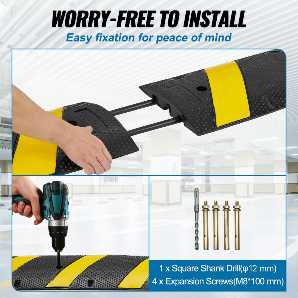 VEVOR 72'' Rubber Speed Bump, Dual Channel, Supports up to 22000 lbs, Durable Traffic Speed Hump with Bright Yellow Reflective Strip, Includes 4 Expansion Screws & Drill for Asphalt, Concrete, Grav