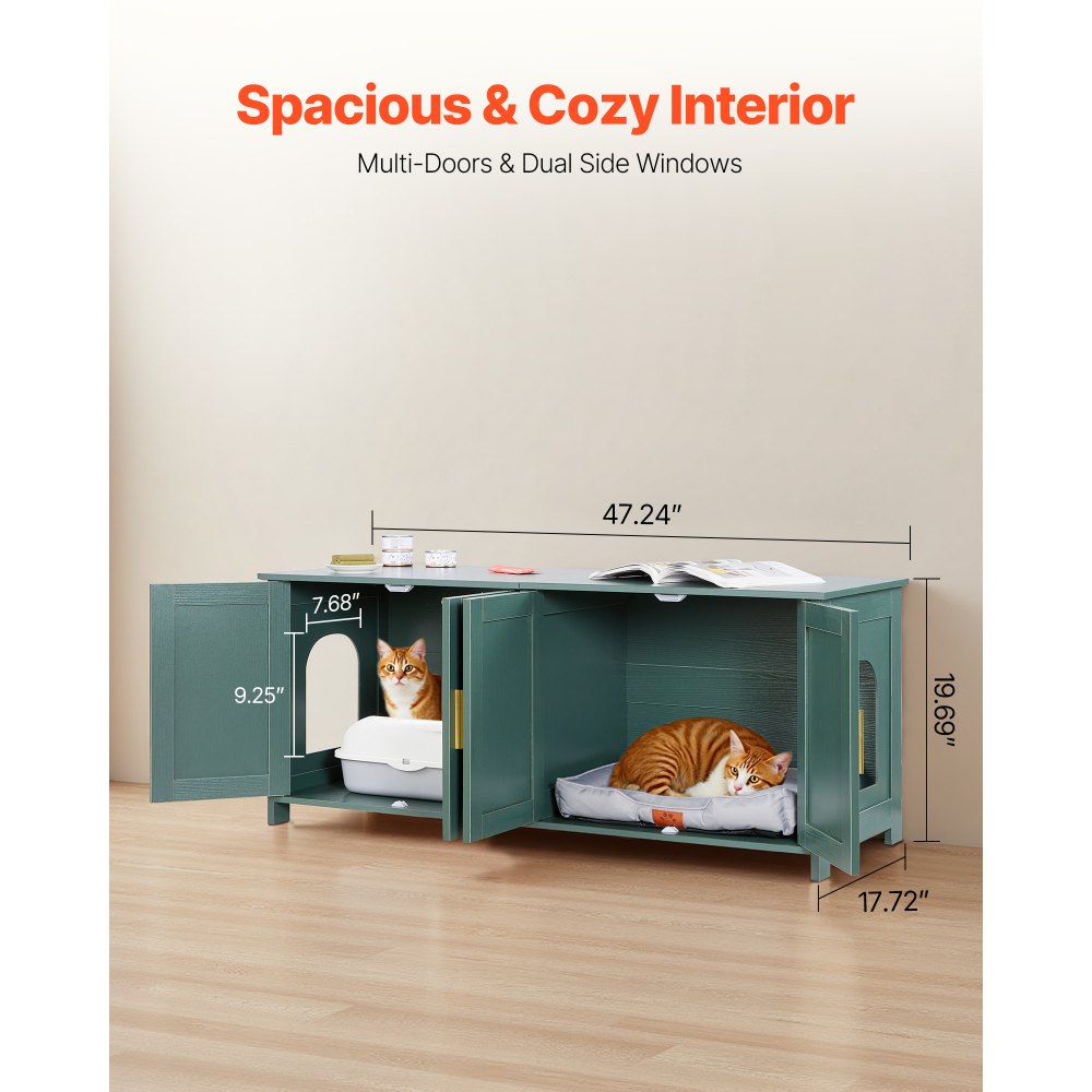 VEVOR Cat Litter Box Enclosure for Multi Cats, 47.2 in Hidden Litter Box Cabinet with 4 Doors & 2 Entries, Indoor Cat Washroom, Wooden Kitty House Furniture Side Table, Fit Most Litterboxes, Green