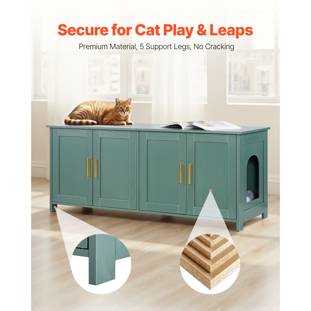 VEVOR Cat Litter Box Enclosure for Multi Cats, 47.2 in Hidden Litter Box Cabinet with 4 Doors & 2 Entries, Indoor Cat Washroom, Wooden Kitty House Furniture Side Table, Fit Most Litterboxes, Green
