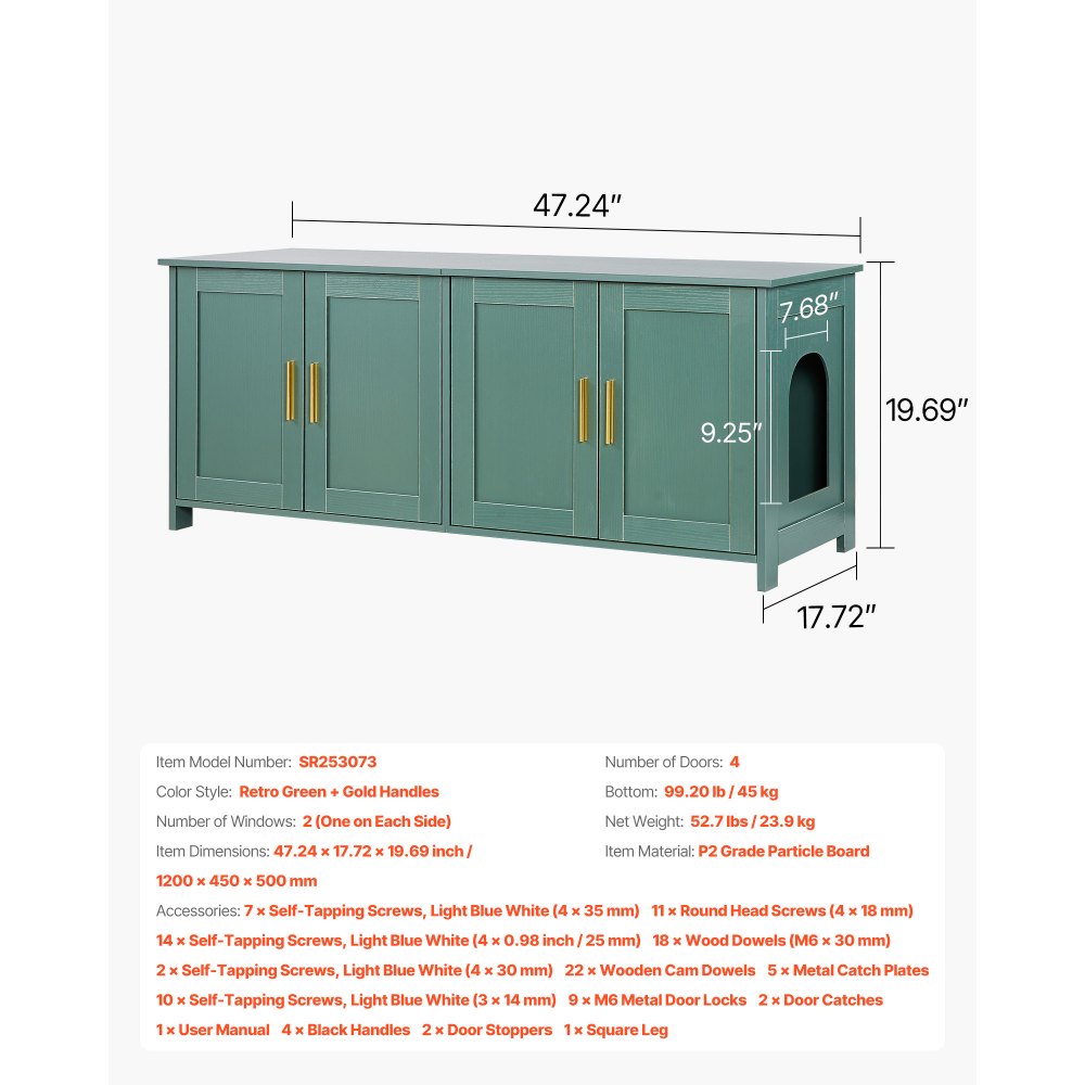VEVOR Cat Litter Box Enclosure for Multi Cats, 47.2 in Hidden Litter Box Cabinet with 4 Doors & 2 Entries, Indoor Cat Washroom, Wooden Kitty House Furniture Side Table, Fit Most Litterboxes, Green