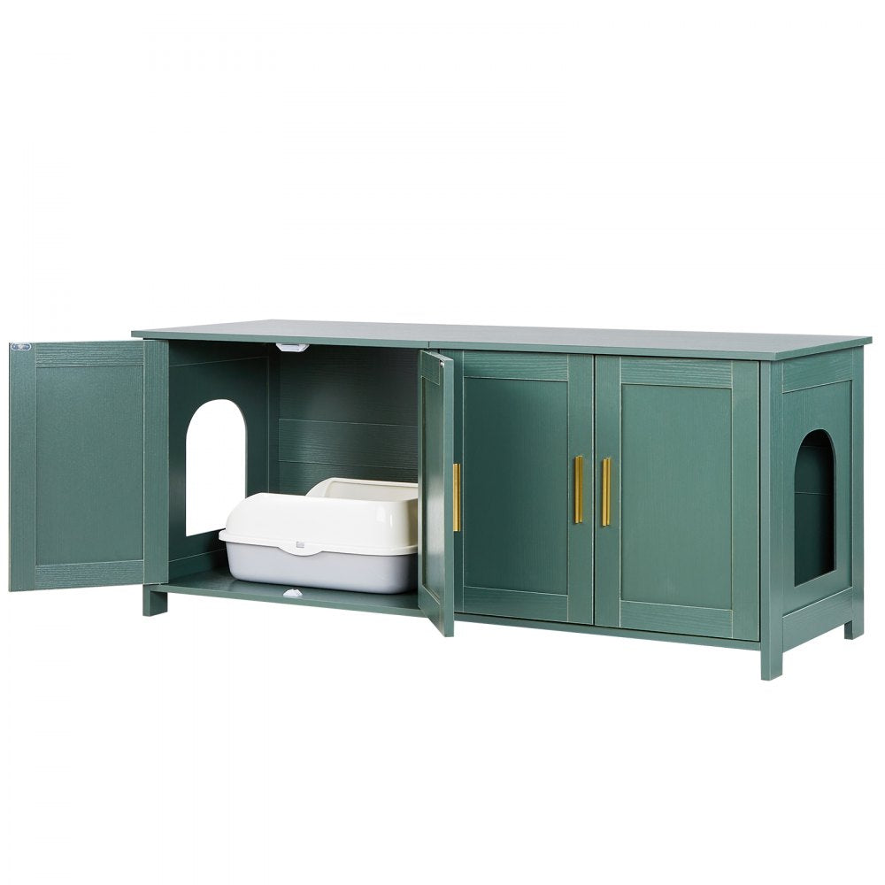 VEVOR Cat Litter Box Enclosure for Multi Cats, 47.2 in Hidden Litter Box Cabinet with 4 Doors & 2 Entries, Indoor Cat Washroom, Wooden Kitty House Furniture Side Table, Fit Most Litterboxes, Green
