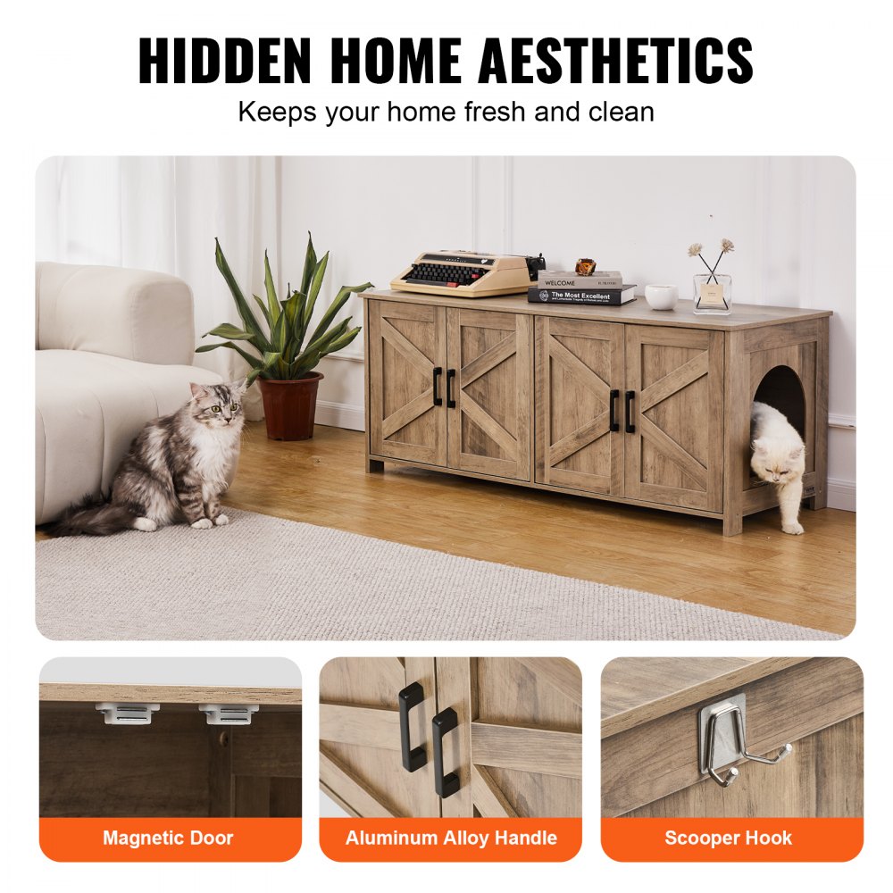 VEVOR Cat Litter Box Enclosure for 2 Cats, Litter Box Furniture Hidden with Double Rooms, Wooden Cat Box Cabinet Fit Most of Litter Box, 47.2"L x 18.5"W x 19.7"H, Greige