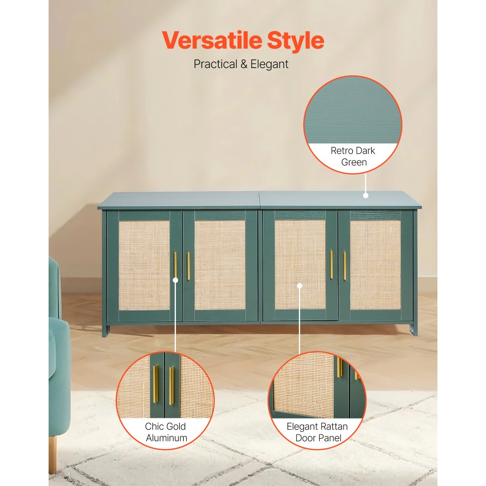VEVOR Cat Litter Box Enclosure for Multi Cats, 47.2 in Hidden Litter Box Cabinet with 4 Rattan Doors & 2 Entries, Indoor Cat Washroom, Wooden Kitty House Furniture, Fit Most Litterboxes, Green