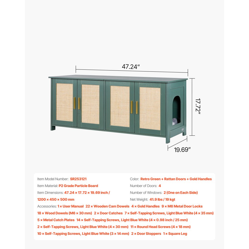 VEVOR Cat Litter Box Enclosure for Multi Cats, 47.2 in Hidden Litter Box Cabinet with 4 Rattan Doors & 2 Entries, Indoor Cat Washroom, Wooden Kitty House Furniture, Fit Most Litterboxes, Green