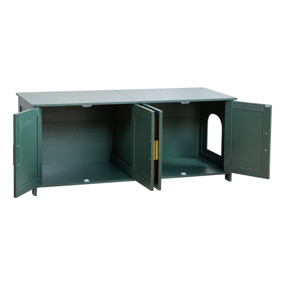 VEVOR Cat Litter Box Enclosure for Multi Cats, 47.2 in Hidden Litter Box Cabinet with 4 Rattan Doors & 2 Entries, Indoor Cat Washroom, Wooden Kitty House Furniture, Fit Most Litterboxes, Green