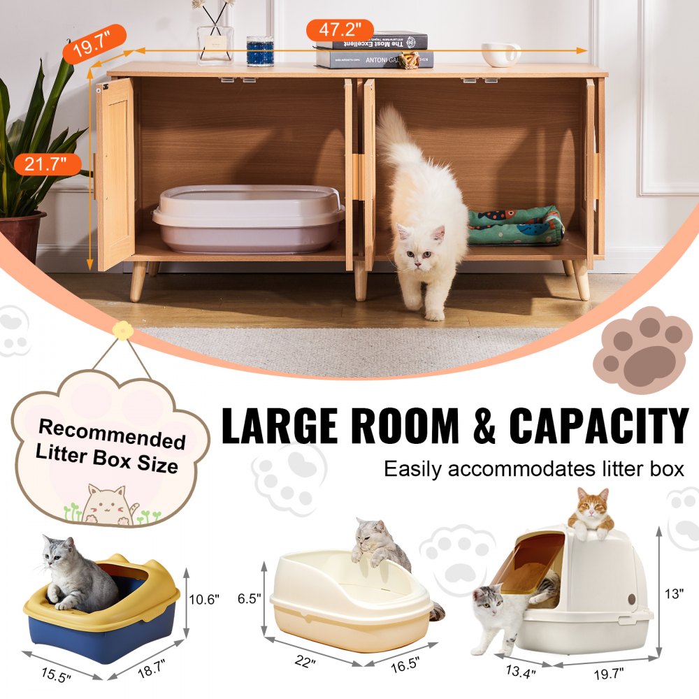 VEVOR Cat Litter Box Enclosure for 2 Cats, Litter Box Furniture Hidden with Rattan Decorated Doors, Wooden Cat Box Cabinet Fit Most of Litter Box, 47.2"L x 19.7"W x 21.7"H, Natural