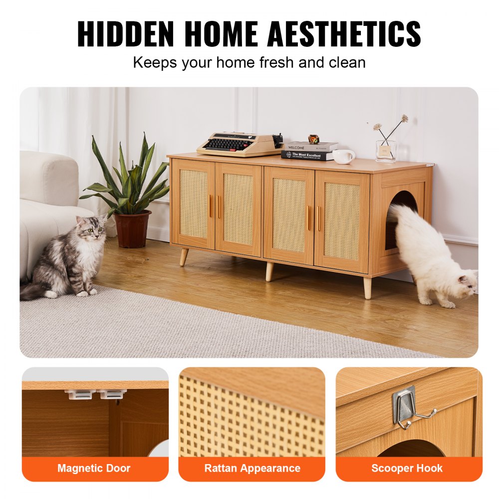 VEVOR Cat Litter Box Enclosure for 2 Cats, Litter Box Furniture Hidden with Rattan Decorated Doors, Wooden Cat Box Cabinet Fit Most of Litter Box, 47.2"L x 19.7"W x 21.7"H, Natural