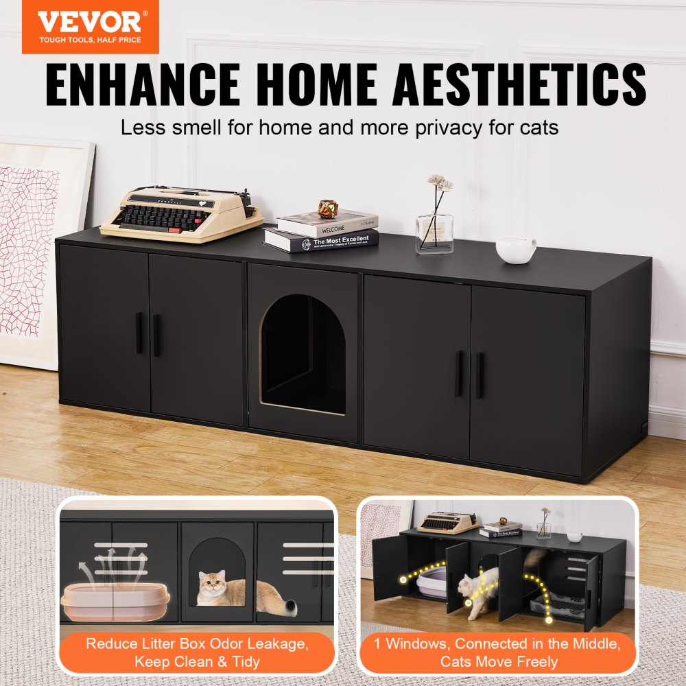 VEVOR Cat Litter Box Enclosure for 2 Cats, 57.9 in Hidden Litter Furniture, Double Room Large Cat Washroom Cabinet, Indoor Wooden Pet House TV Stand Side Table, Fit Most of Litterbox, Black