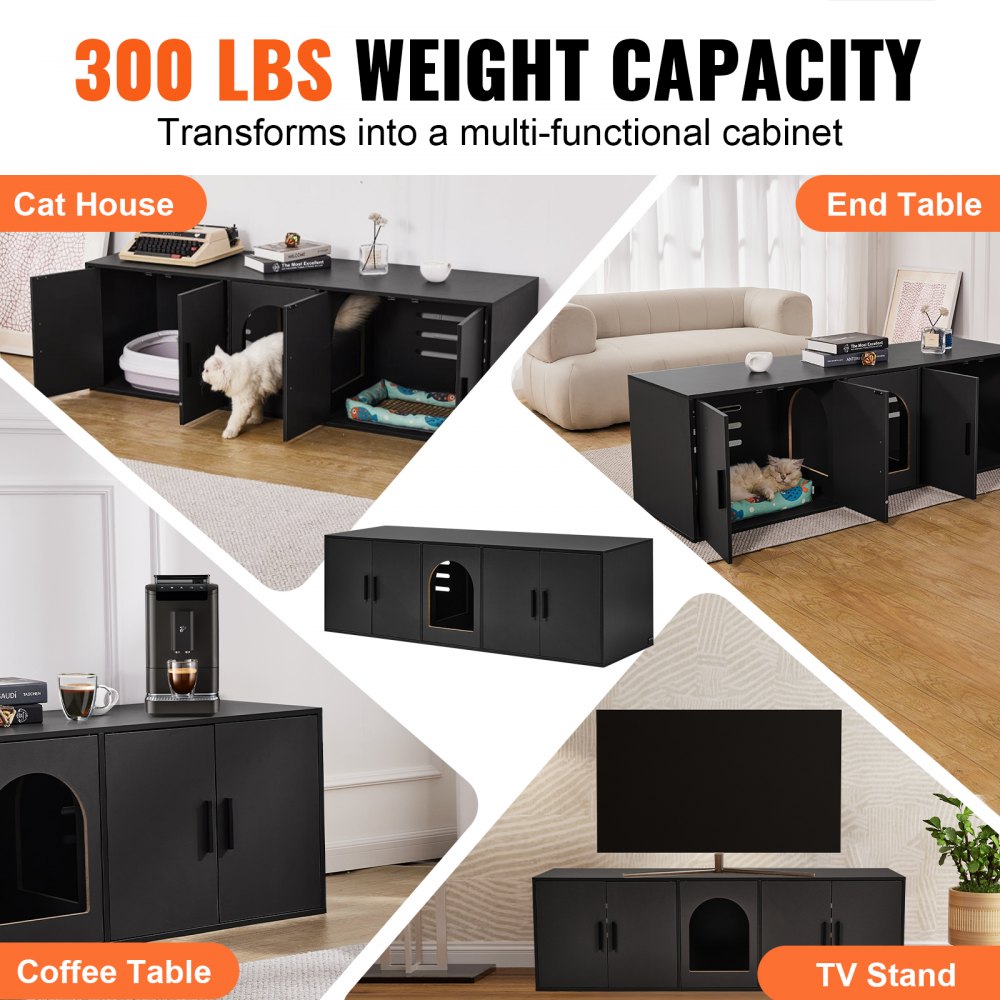 VEVOR Cat Litter Box Enclosure for 2 Cats, 57.9 in Hidden Litter Furniture, Double Room Large Cat Washroom Cabinet, Indoor Wooden Pet House TV Stand Side Table, Fit Most of Litterbox, Black