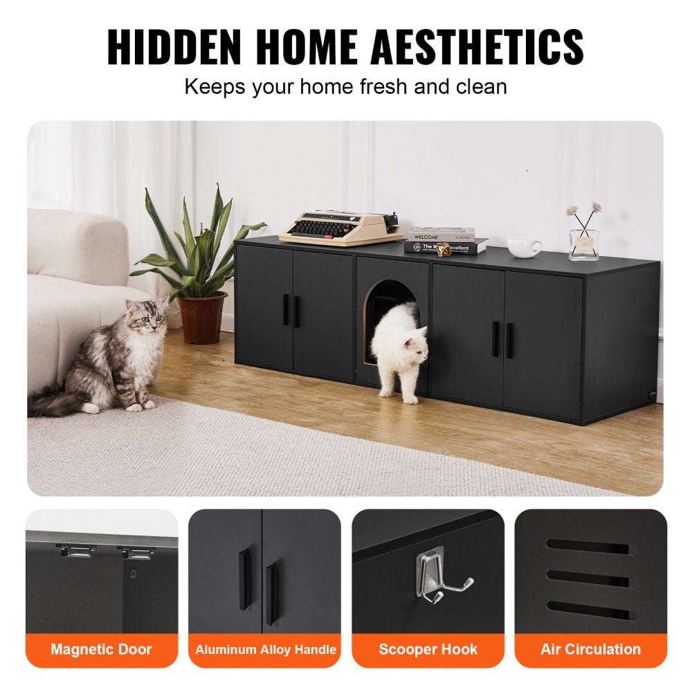 VEVOR Cat Litter Box Enclosure for 2 Cats, 57.9 in Hidden Litter Furniture, Double Room Large Cat Washroom Cabinet, Indoor Wooden Pet House TV Stand Side Table, Fit Most of Litterbox, Black
