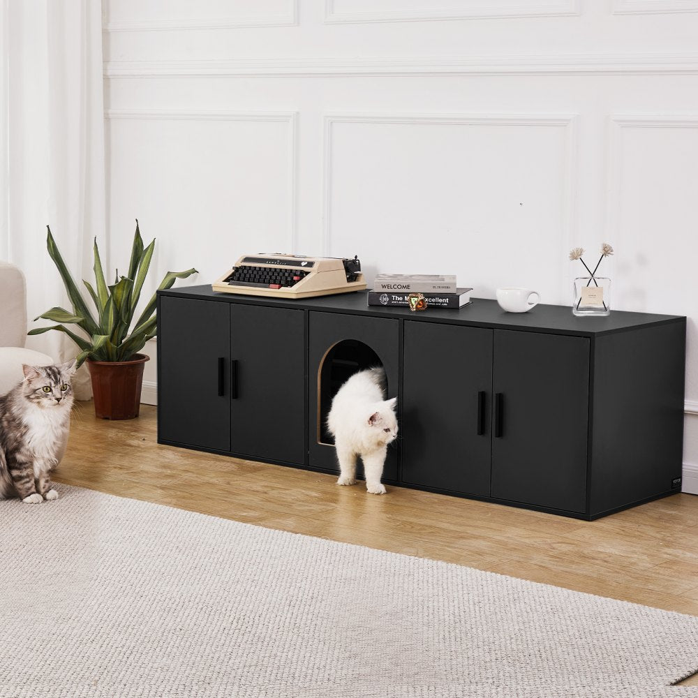 VEVOR Cat Litter Box Enclosure for 2 Cats, 57.9 in Hidden Litter Furniture, Double Room Large Cat Washroom Cabinet, Indoor Wooden Pet House TV Stand Side Table, Fit Most of Litterbox, Black