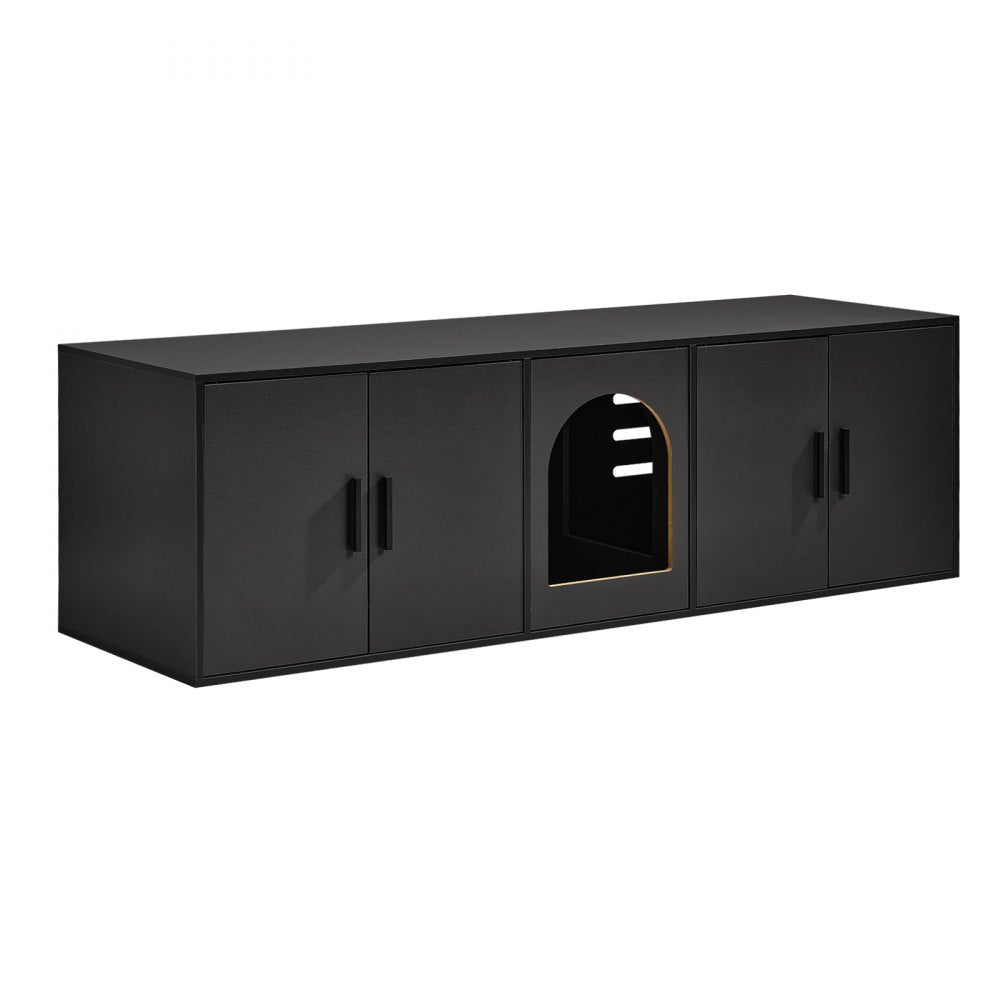 VEVOR Cat Litter Box Enclosure for 2 Cats, 57.9 in Hidden Litter Furniture, Double Room Large Cat Washroom Cabinet, Indoor Wooden Pet House TV Stand Side Table, Fit Most of Litterbox, Black