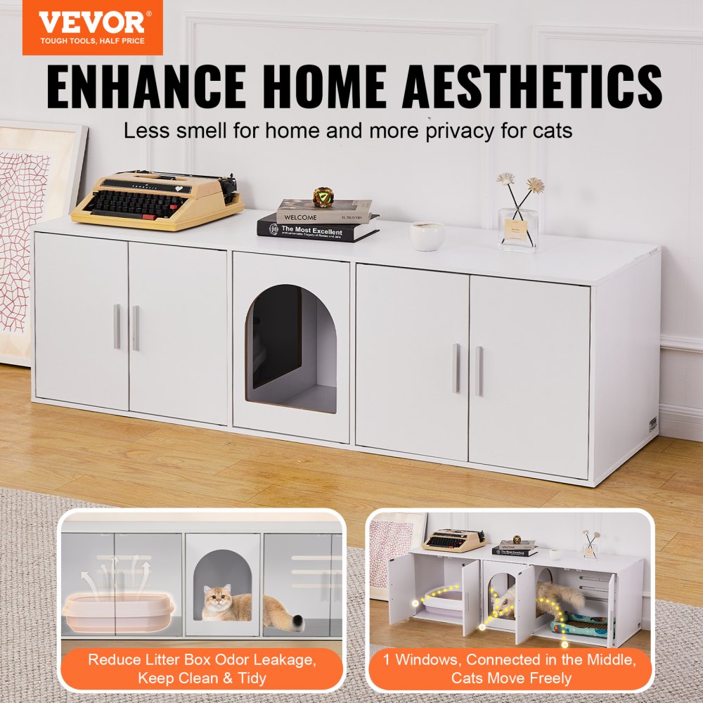 VEVOR Cat Litter Box Enclosure for 2 Cats, Litter Box Furniture Hidden with Double Rooms, Wooden Cat Box Cabinet Fit Most of Litter Box, 57.9"L x 18.3"W  x 17.9"H, White