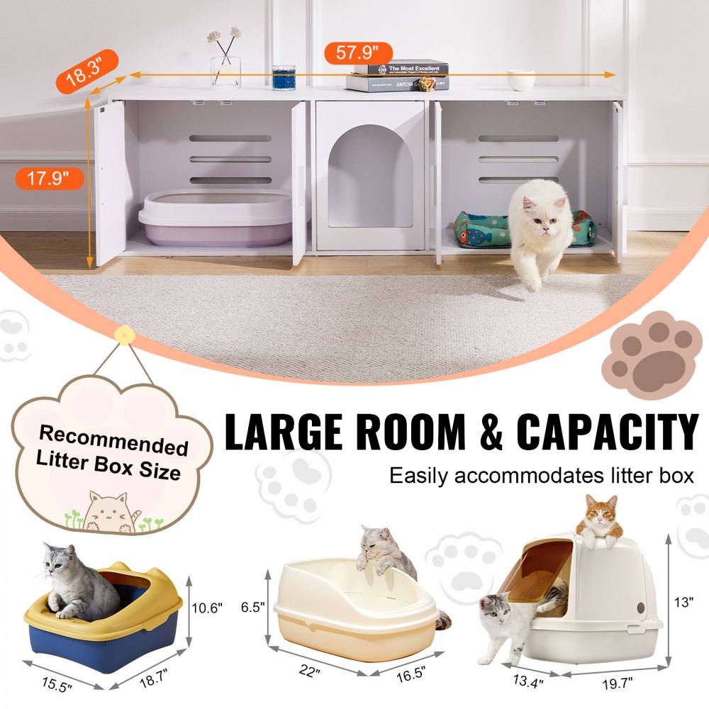 VEVOR Cat Litter Box Enclosure for 2 Cats, Litter Box Furniture Hidden with Double Rooms, Wooden Cat Box Cabinet Fit Most of Litter Box, 57.9"L x 18.3"W  x 17.9"H, White