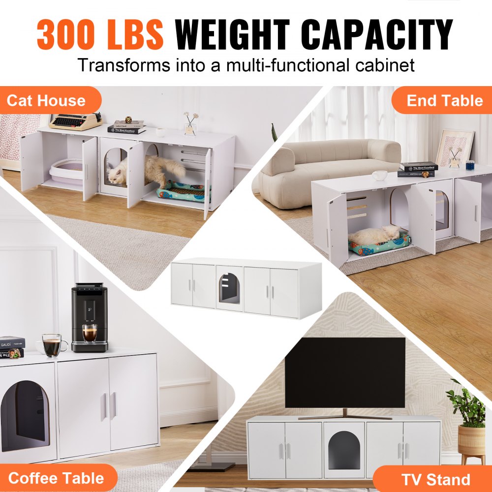 VEVOR Cat Litter Box Enclosure for 2 Cats, Litter Box Furniture Hidden with Double Rooms, Wooden Cat Box Cabinet Fit Most of Litter Box, 57.9"L x 18.3"W  x 17.9"H, White