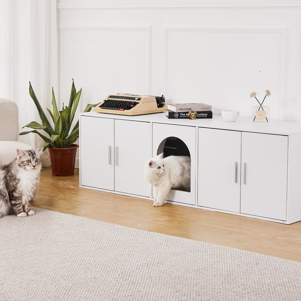 VEVOR Cat Litter Box Enclosure for 2 Cats, Litter Box Furniture Hidden with Double Rooms, Wooden Cat Box Cabinet Fit Most of Litter Box, 57.9"L x 18.3"W  x 17.9"H, White