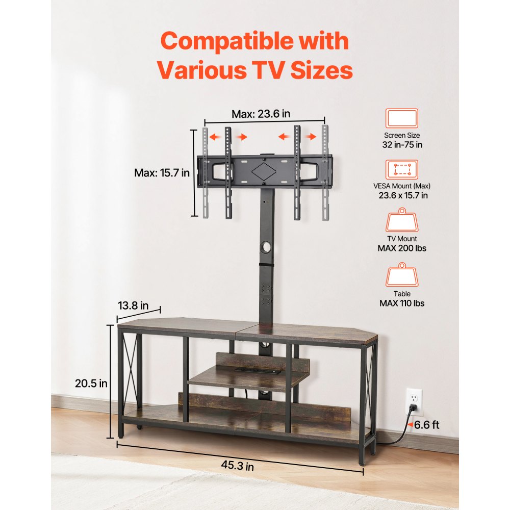 VEVOR 45" TV Stand with Mount for up to 75 in TVs, Entertainment Center with Power Outlet & LED Lights, Height Adjustable TV Console with Mount with 3 Tiers Storage Cabinets for Bedroom, Living Room