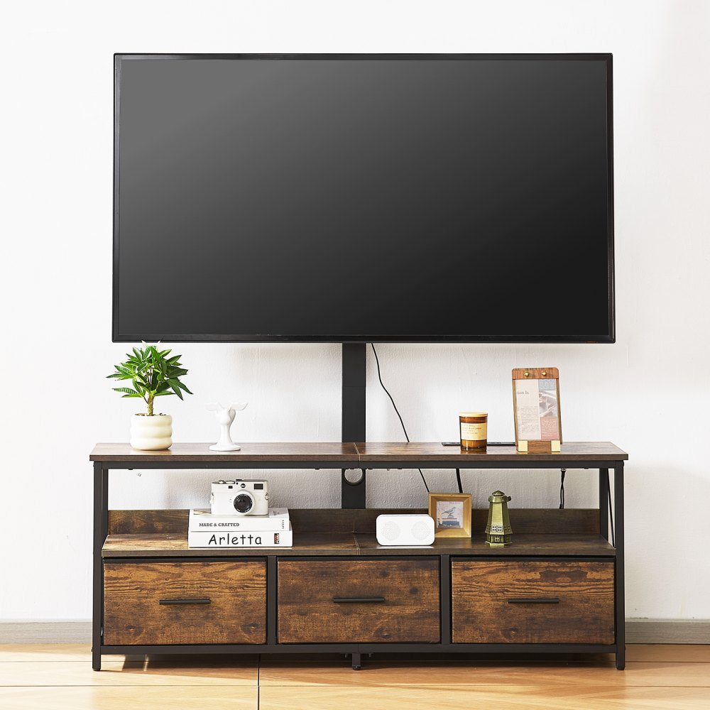 VEVOR 52" TV Stand with Mount for up to 75 in TVs, Entertainment Center with Power Outlet & LED Lights, Height Adjustable TV Console with Mount with 3 Drawers for Bedroom, Living Room, Brown