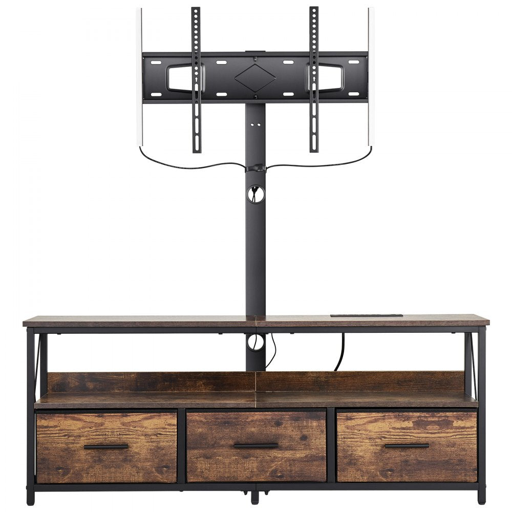 VEVOR 52" TV Stand with Mount for up to 75 in TVs, Entertainment Center with Power Outlet & LED Lights, Height Adjustable TV Console with Mount with 3 Drawers for Bedroom, Living Room, Brown