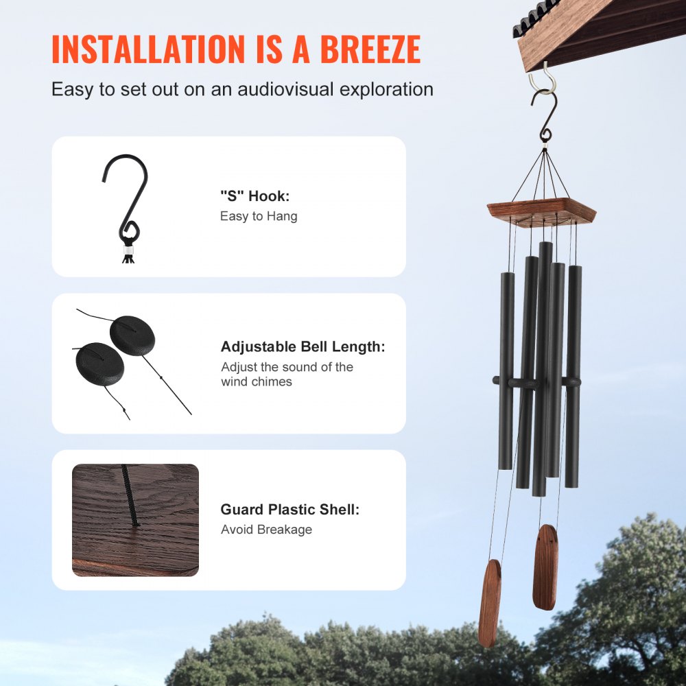VEVOR Wind Chimes for Outside, 48 in, Deep Tone Wind Chimes with 5 Tubes, Unique Large Memorial Wind Chimes for Anniversary, Amazing Outdoor Decor for Your Patio, Porch, Garden and Backyard, Black