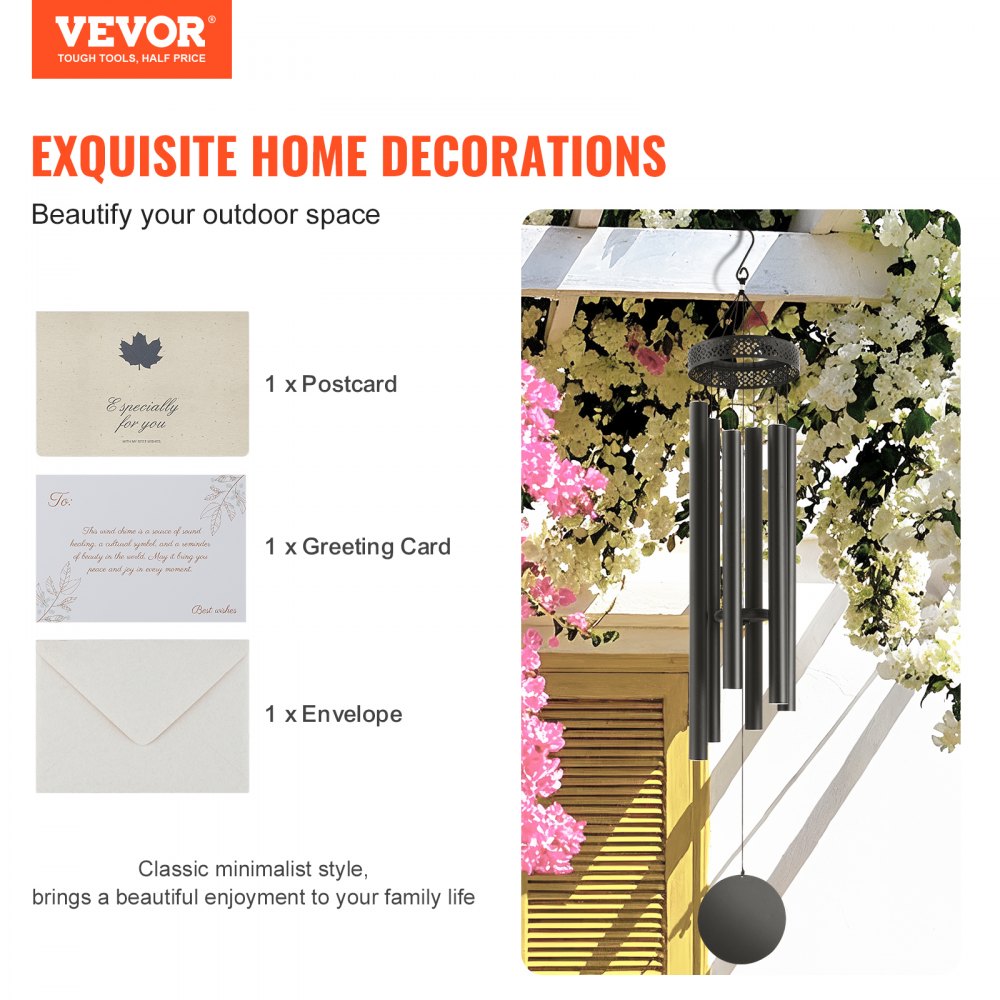 VEVOR Wind Chimes for Outside, 58 in, Deep Tone Wind Chimes with 6 Tubes, Unique Large Memorial Wind Chimes for Anniversary, Amazing Outdoor Decor for Your Patio, Porch, Garden and Backyard, Black