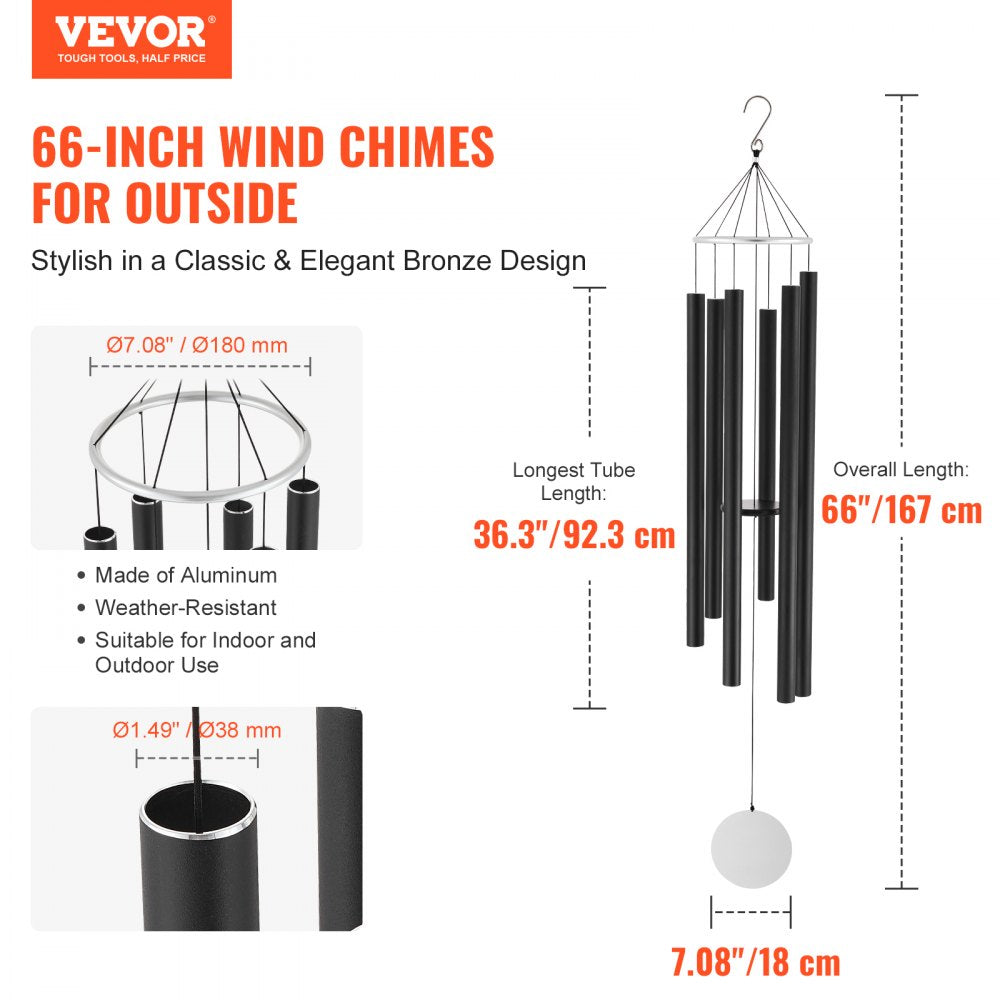 VEVOR Wind Chimes for Outside, 66 in, Deep Tone Wind Chimes with 6 Tubes, Unique Large Memorial Wind Chimes for Anniversary, Amazing Outdoor Decor for Your Patio, Porch, Garden and Backyard, Black